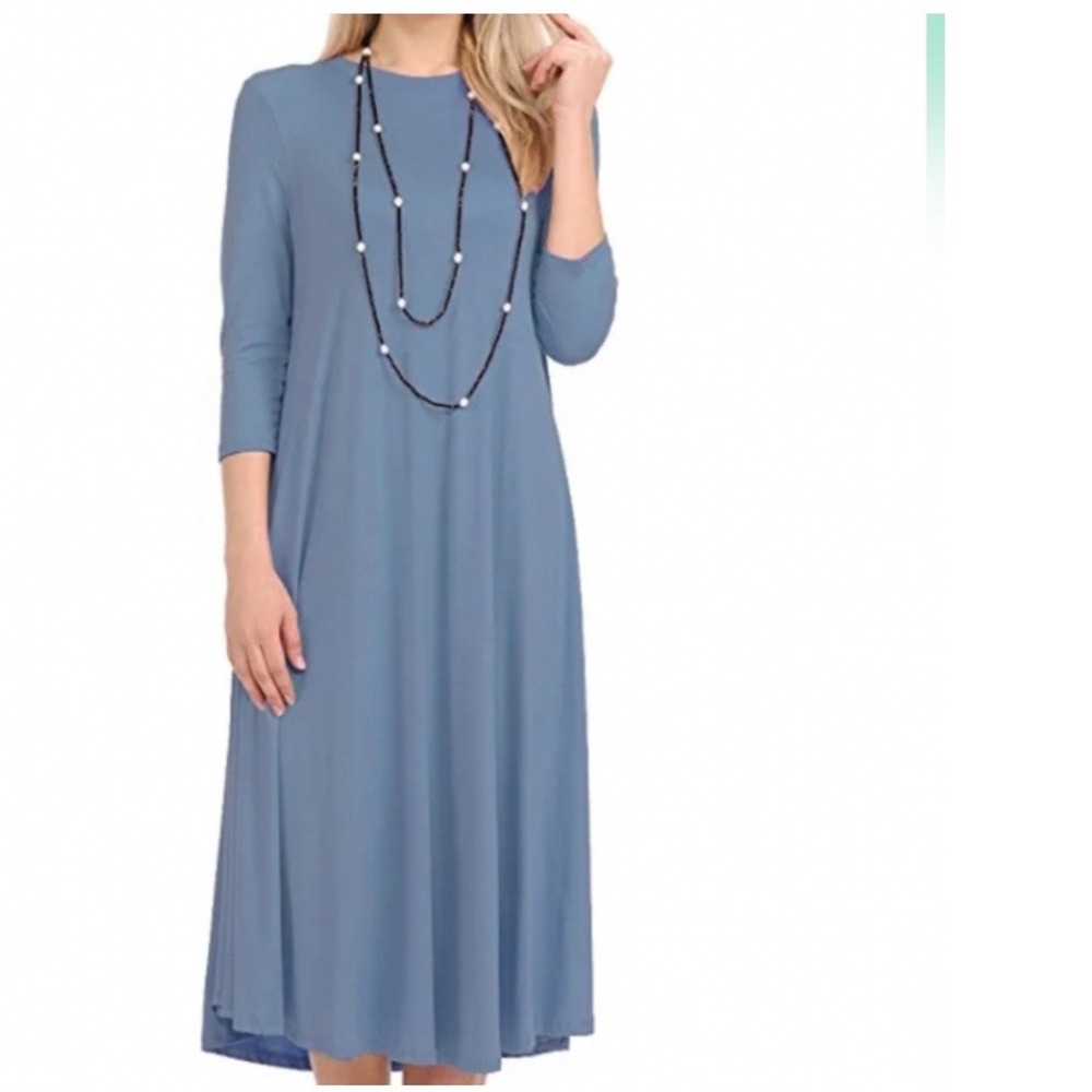 NWT Iconic Luxe Womens XL Blue 3/4 Sleeve Crew Neck A-Line Midi Jersey Dress #K5